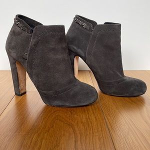 CHANEL CHAIN-TRIM ANKLE BOOTS DARK GRAY GLITTER SUEDE HIGH HEEL